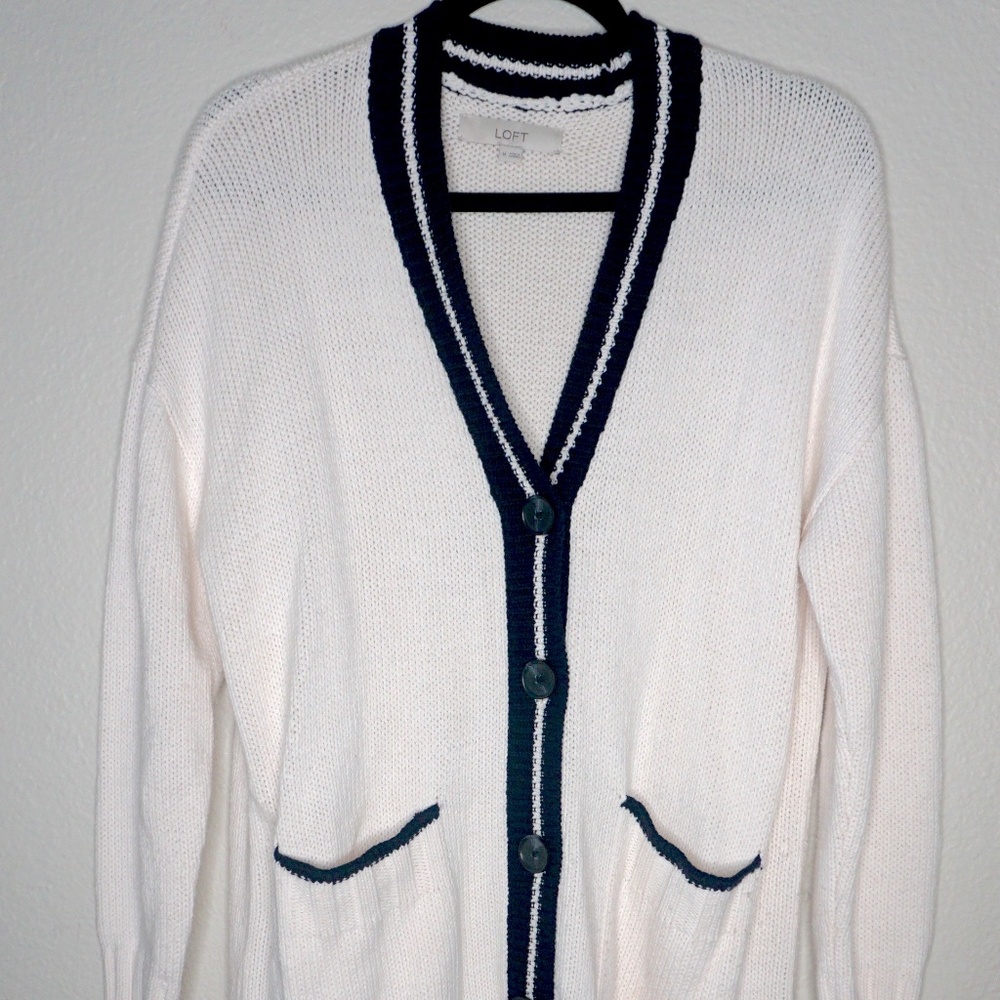 LOFT Cream Navy Collegiate Preppy Button Down V-Neck Cardigan - Size Medium